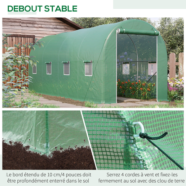 Serre de Jardin Tunnel Surface Sol 10 m² 5L x 2l x 2,05H m châssis Tubulaire renforcé Porte zippée 8 fenêtres enroulables Vert