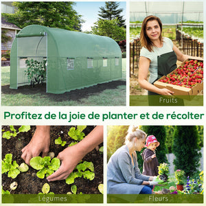 Serre de Jardin Tunnel Surface Sol 10 m² 5L x 2l x 2,05H m châssis Tubulaire renforcé Porte zippée 8 fenêtres enroulables Vert