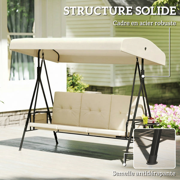 Balancelle de jardin 3 places grand confort inclinaison toit réglable, 2 tablettes latérales, coussins, acier polyester crème