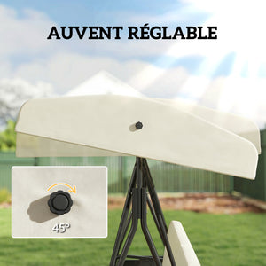 Balancelle de jardin 3 places grand confort inclinaison toit réglable, 2 tablettes latérales, coussins, acier polyester crème