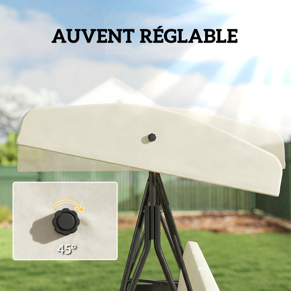 Balancelle de jardin 3 places grand confort inclinaison toit réglable, 2 tablettes latérales, coussins, acier polyester crème