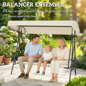 Balancelle de jardin 3 places grand confort inclinaison toit réglable, 2 tablettes latérales, coussins, acier polyester crème