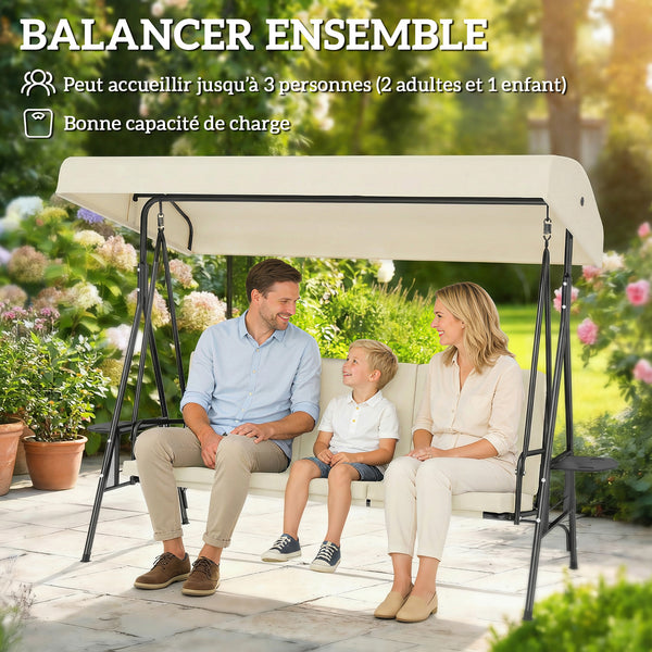 Balancelle de jardin 3 places grand confort inclinaison toit réglable, 2 tablettes latérales, coussins, acier polyester crème