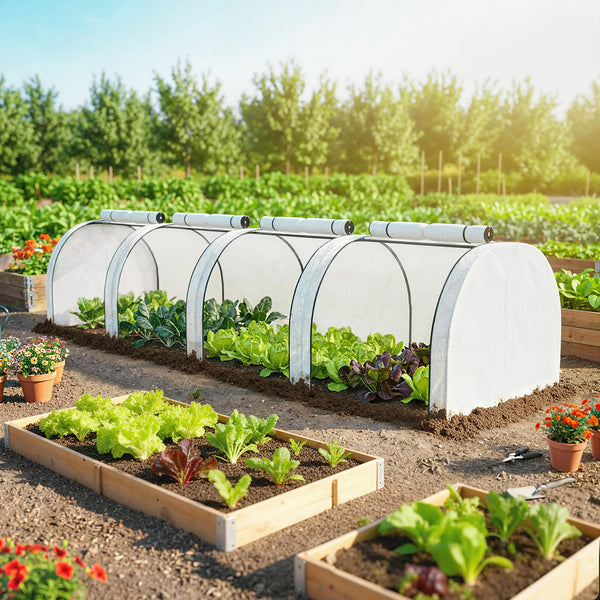 Mini Serre de Jardin Mini Serre Tunnel Serre à Tomates 4 x 1 x 0,8 m Acier Plastique Haute Densité Anti-UV 4 Portes avec Zip Enroulables Blanc