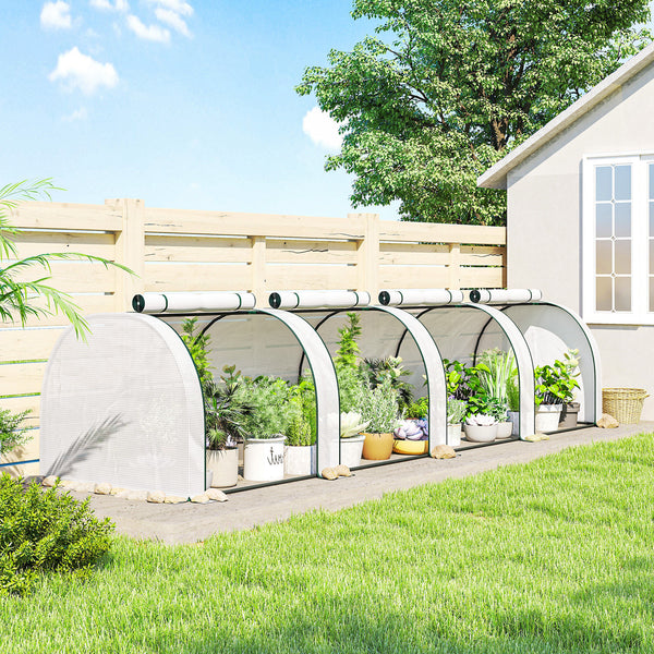 Mini Serre de Jardin Mini Serre Tunnel Serre à Tomates 4 x 1 x 0,8 m Acier Plastique Haute Densité Anti-UV 4 Portes avec Zip Enroulables Blanc
