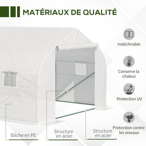 Serre Tunnel de Jardin dim. 6 x 3 x 2 m Porte + 8 fenêtres enroulables Acier bâche PE Haute densité Blanc