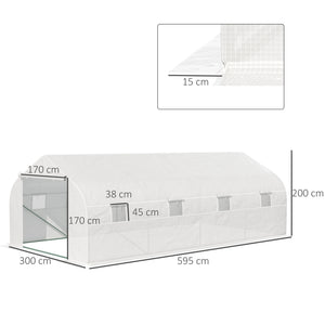 Serre Tunnel de Jardin dim. 6 x 3 x 2 m Porte + 8 fenêtres enroulables Acier bâche PE Haute densité Blanc