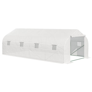 Serre Tunnel de Jardin dim. 6 x 3 x 2 m Porte + 8 fenêtres enroulables Acier bâche PE Haute densité Blanc