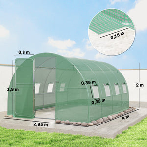 Serre tunnel de jardin 12m², serre de jardin tunnel 295x400x200cm avec cadre en acier galvanisé, porte et 8 fenêtres, pour extérieur, toutes saisons, bâche PE haute densité 140 g/m² vert