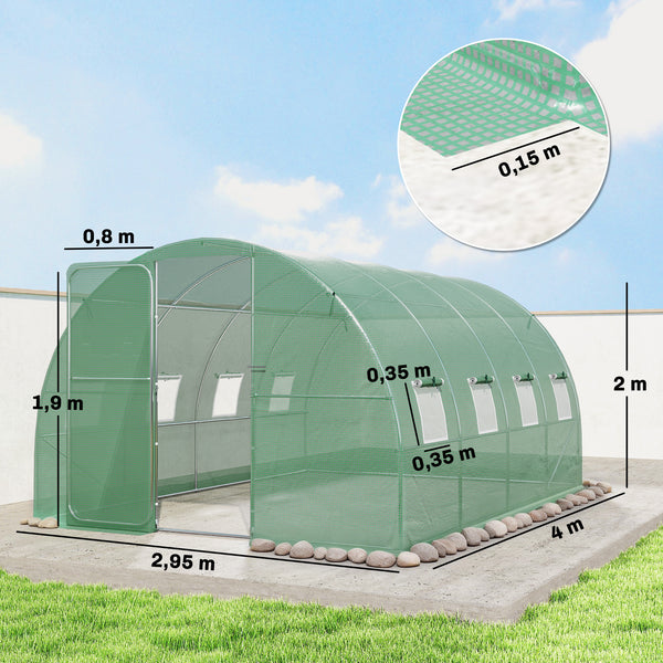 Serre tunnel de jardin 12m², serre de jardin tunnel 295x400x200cm avec cadre en acier galvanisé, porte et 8 fenêtres, pour extérieur, toutes saisons, bâche PE haute densité 140 g/m² vert