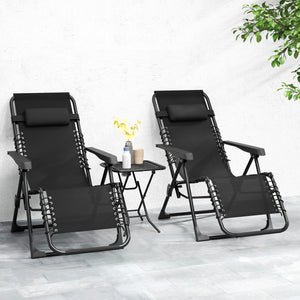 Lot de 2 chaise longue gravité zéro - ensemble transat 3 pièces avec table d'appoint et porte-gobelets - bain de soleil pliable, dossier réglable et appui-tête pour terrasse, piscine, noir