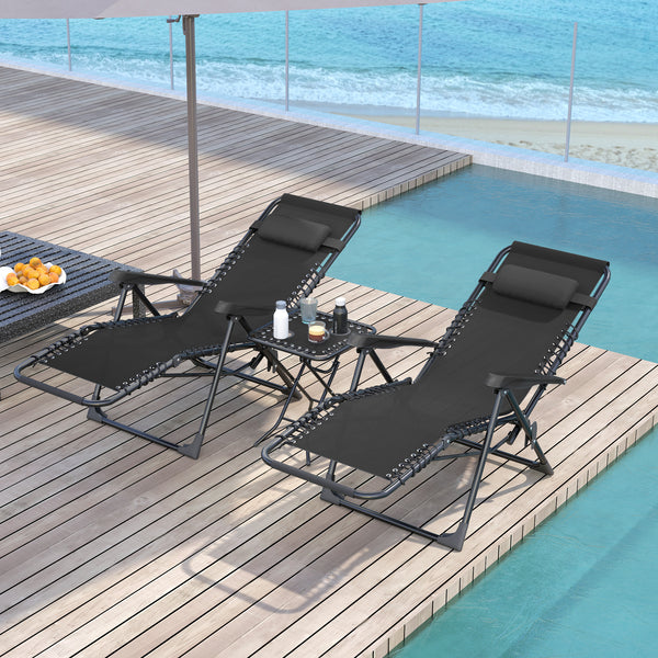 Lot de 2 chaise longue gravité zéro - ensemble transat 3 pièces avec table d'appoint et porte-gobelets - bain de soleil pliable, dossier réglable et appui-tête pour terrasse, piscine, noir