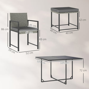 Salon de jardin extérieur en résine tressée 8 places, table et chaises de jardin extérieur avec 4 fauteuils, 4 tabourets, coussins et plateau en verre trempé, pour terrasse patio balcon, gris