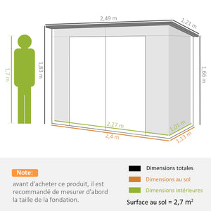 Abri de jardin en métal 3 m² facile à monter, cabane de jardin 249x121x183cm structure en acier galvanisé améliorée, cabanon rangement outils gants portes verrouillables 2 aérations, gris
