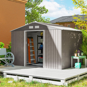 Abri de jardin en métal 5,4 m² cabane de jardin 277 x 195 x 192 cm cabanon rangement outils avec fondation, porte coulissante verrouillables et 4 aérations - marron clair