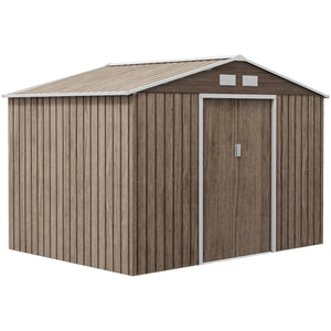 Abri de jardin en métal 5,4 m² cabane de jardin 277 x 195 x 192 cm cabanon rangement outils avec fondation, porte coulissante verrouillables et 4 aérations - marron clair