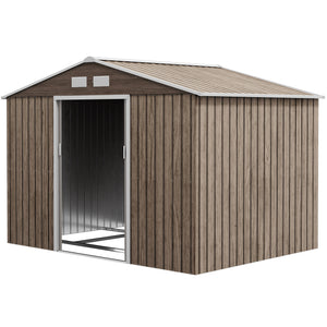 Abri de jardin en métal 5,4 m² cabane de jardin 277 x 195 x 192 cm cabanon rangement outils avec fondation, porte coulissante verrouillables et 4 aérations - marron clair
