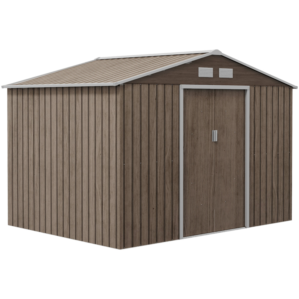 Abri de jardin en métal 5,4 m² cabane de jardin 277 x 195 x 192 cm cabanon rangement outils avec fondation, porte coulissante verrouillables et 4 aérations - marron clair