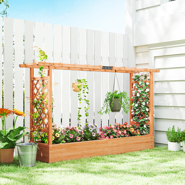 Jardinière Surélevée avec treillis Latéral et Supérieur, bac à fleurs, lit surélevé Trous de Drainage, pour plantes grimpantes, légumes, fleurs, extérieur, bois massif, bois naturel
