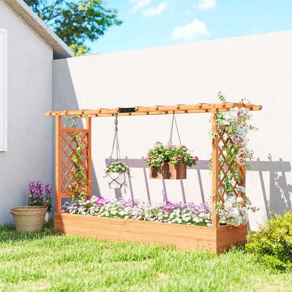 Jardinière Surélevée avec treillis Latéral et Supérieur, bac à fleurs, lit surélevé Trous de Drainage, pour plantes grimpantes, légumes, fleurs, extérieur, bois massif, bois naturel