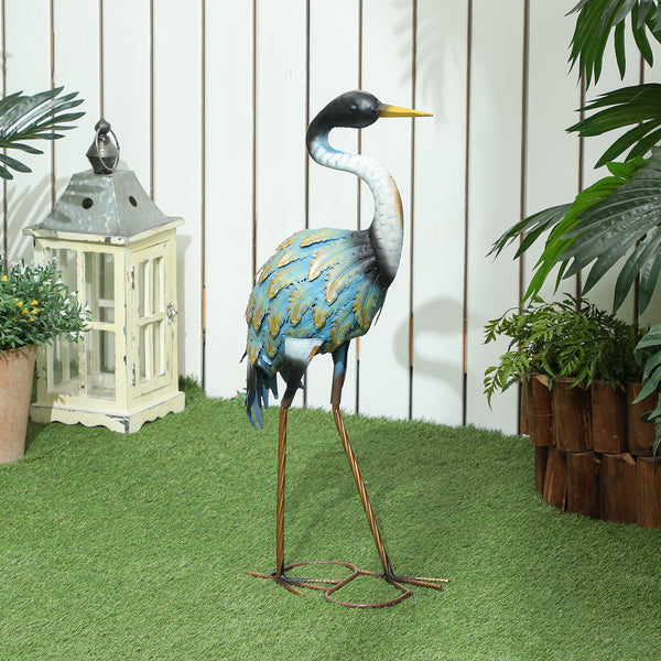 Statue jardin exterieur, sculpture de héron en métal, décoration de jardin exterieur 63 cm, pour étang, patio, terrasse, pelouse, multicolore