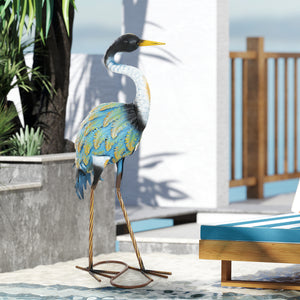Statue jardin exterieur, sculpture de héron en métal, décoration de jardin exterieur 63 cm, pour étang, patio, terrasse, pelouse, multicolore