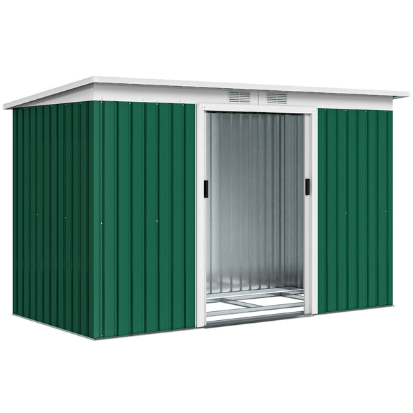 Abri de jardin en acier galvanisé XXL 3,6 m² avec kit de fondation 280 x 130 x 172 cm, cabane de jardin cabanon rangement outils avec portes coulissantes verrouillables aérations, vert foncé