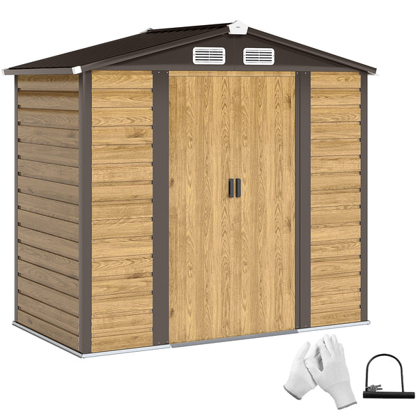 Abri de jardin en métal 2,36 m², cabane de jardin exterieur en acier galvanisé facile à monter, avec kit de fondation, portes doubles avec serrure abri à outils extérieur 213x120x194cm chêne