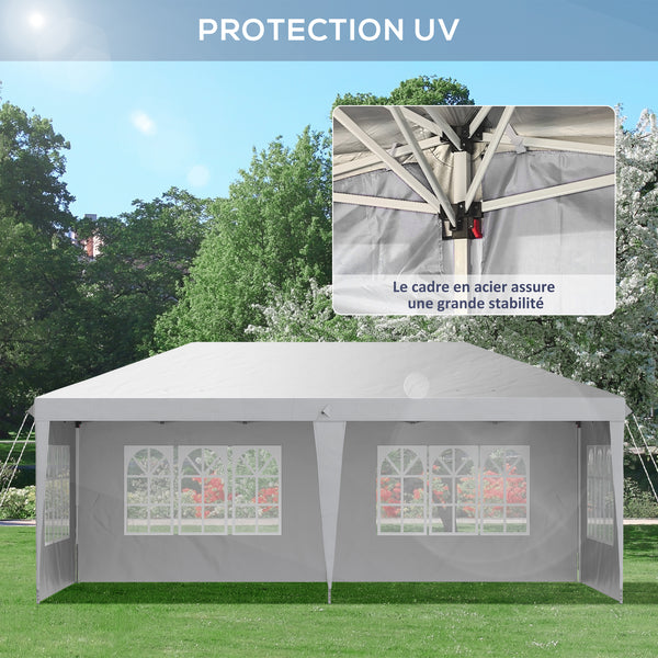 Tonnelle de jardin extérieure pop-up pliante - tente de réception - 3 x 6 m - pavillon chapiteau barnum - 3 cotés démontables - piquets d'ancrage au sol + sac de transport inclus blanc