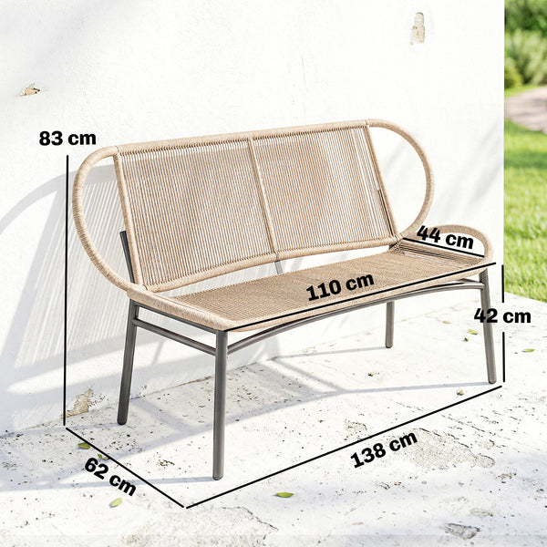 Banc de Jardin 2 Places en Résine Tressée, Banc Extérieur, Dossier et Assise Respirants, Résistant aux Intempéries, Cadre en Métal, Capacité 320kg, pour Patio, Terrasse, 138x62x83cm, Naturel