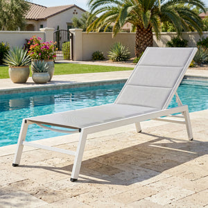 Bain de Soleil en Aluminium Léger, Dossier Réglable 6 Positions, Textilène 560g/m² et Rembourrage Intégré, Chaise Longue Anti-Rouille pour Terrasse Piscine Jardin, 64x181x90cm, Gris Clair