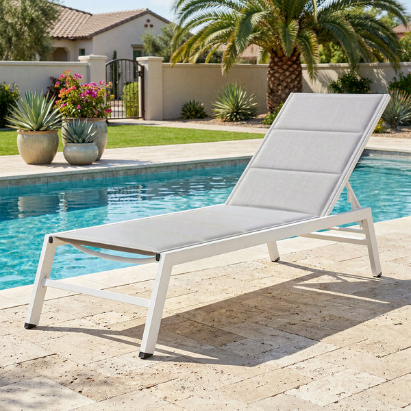 Bain de Soleil en Aluminium Léger, Dossier Réglable 6 Positions, Textilène 560g/m² et Rembourrage Intégré, Chaise Longue Anti-Rouille pour Terrasse Piscine Jardin, 64x181x90cm, Gris Clair