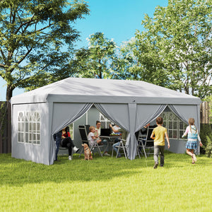 Tonnelle de jardin pliante 6 x 3 m tonnelle de jardin extérieure barnum pliant pop-up imperméabilisé 4 parois latérales amovibles 4 fenêtres + sac de transport gris clair