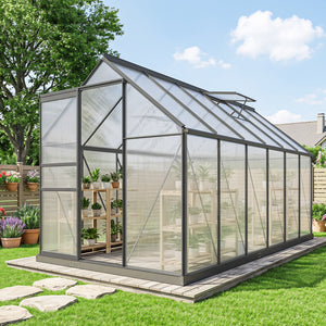 Serre de Jardin 7 m² en Aluminium Polycarbonate avec Fondation, 190 x 375 x 199 cm, Serre avec Fenêtre Réglable et Porte Coulissante, Abri Extérieur Résistant aux Intempéries, Gris Foncé