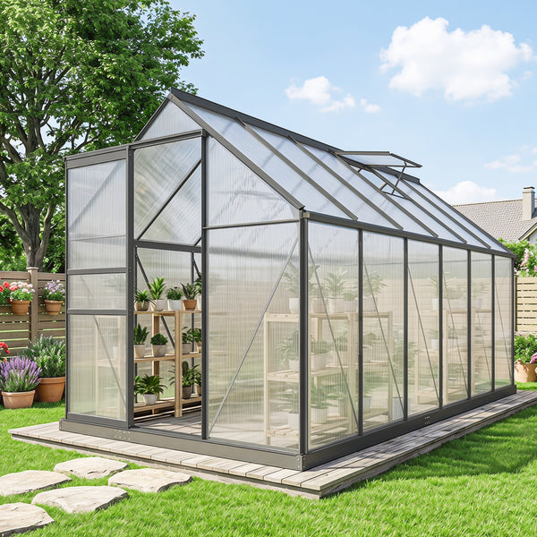 Serre de Jardin 7 m² en Aluminium Polycarbonate avec Fondation, 190 x 375 x 199 cm, Serre avec Fenêtre Réglable et Porte Coulissante, Abri Extérieur Résistant aux Intempéries, Gris Foncé
