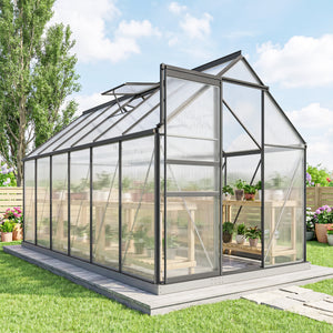 Serre de Jardin 7 m² en Aluminium Polycarbonate avec Fondation, 190 x 375 x 199 cm, Serre avec Fenêtre Réglable et Porte Coulissante, Abri Extérieur Résistant aux Intempéries, Gris Foncé