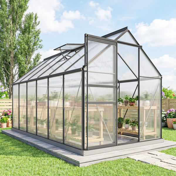 Serre de Jardin 7 m² en Aluminium Polycarbonate avec Fondation, 190 x 375 x 199 cm, Serre avec Fenêtre Réglable et Porte Coulissante, Abri Extérieur Résistant aux Intempéries, Gris Foncé