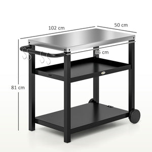 Desserte plancha extérieure avec plan de travail en acier inoxydable, chariot de barbecue avec étagères, desserte de jardin avec crochets, porte-serviettes, 2 roues, 102x50x81cm, gris charbon