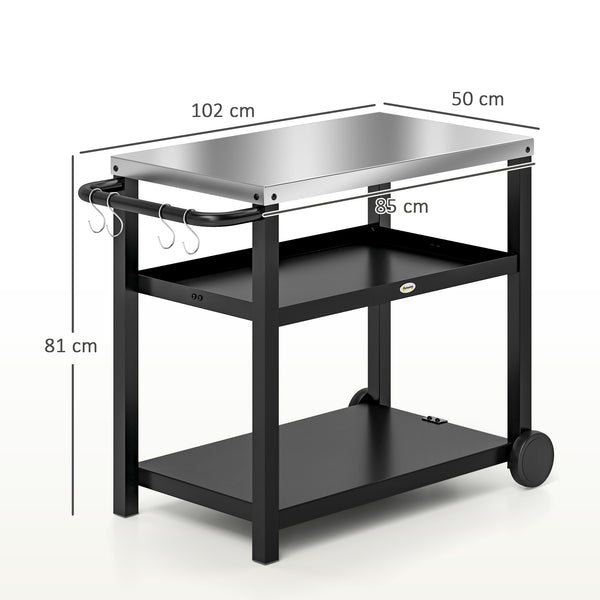 Desserte plancha extérieure avec plan de travail en acier inoxydable, chariot de barbecue avec étagères, desserte de jardin avec crochets, porte-serviettes, 2 roues, 102x50x81cm, gris charbon