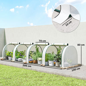 Mini Serre de Jardin Mini Serre Tunnel Serre à Tomates 4 x 1 x 0,8 m Acier Plastique Haute Densité Anti-UV 4 Portes avec Zip Enroulables Blanc