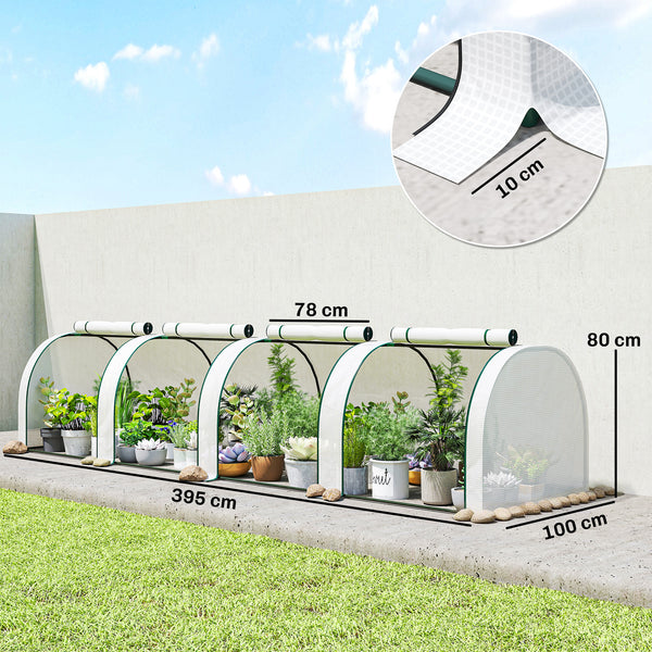 Mini Serre de Jardin Mini Serre Tunnel Serre à Tomates 4 x 1 x 0,8 m Acier Plastique Haute Densité Anti-UV 4 Portes avec Zip Enroulables Blanc