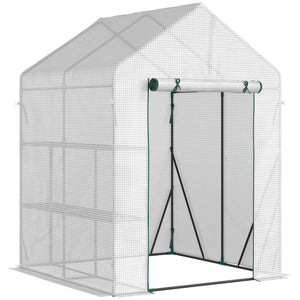 Serre de jardin PE avec étagères 2 niveaux, serre de balcon, bâche renforcée 140 g/m², châssis en acier, porte zippée enroulable, pour légumes plantes fleurs, 143x143x195cm, blanc
