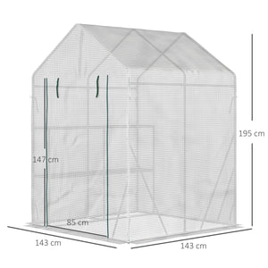 Serre de jardin PE avec étagères 2 niveaux, serre de balcon, bâche renforcée 140 g/m², châssis en acier, porte zippée enroulable, pour légumes plantes fleurs, 143x143x195cm, blanc