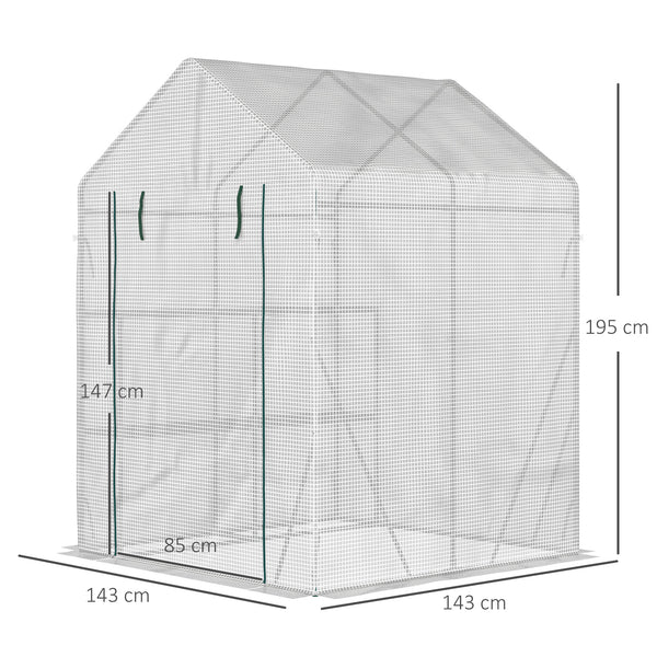 Serre de jardin PE avec étagères 2 niveaux, serre de balcon, bâche renforcée 140 g/m², châssis en acier, porte zippée enroulable, pour légumes plantes fleurs, 143x143x195cm, blanc