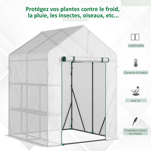 Serre de jardin PE avec étagères 2 niveaux, serre de balcon, bâche renforcée 140 g/m², châssis en acier, porte zippée enroulable, pour légumes plantes fleurs, 143x143x195cm, blanc