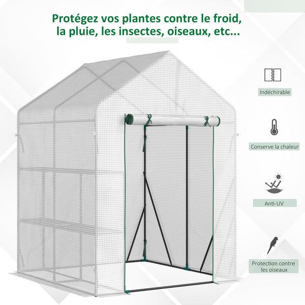 Serre de jardin PE avec étagères 2 niveaux, serre de balcon, bâche renforcée 140 g/m², châssis en acier, porte zippée enroulable, pour légumes plantes fleurs, 143x143x195cm, blanc