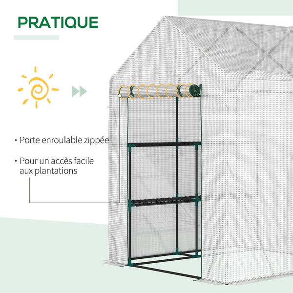Serre de jardin PE avec étagères 2 niveaux, serre de balcon, bâche renforcée 140 g/m², châssis en acier, porte zippée enroulable, pour légumes plantes fleurs, 143x143x195cm, blanc