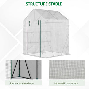 Serre de jardin PE avec étagères 2 niveaux, serre de balcon, bâche renforcée 140 g/m², châssis en acier, porte zippée enroulable, pour légumes plantes fleurs, 143x143x195cm, blanc