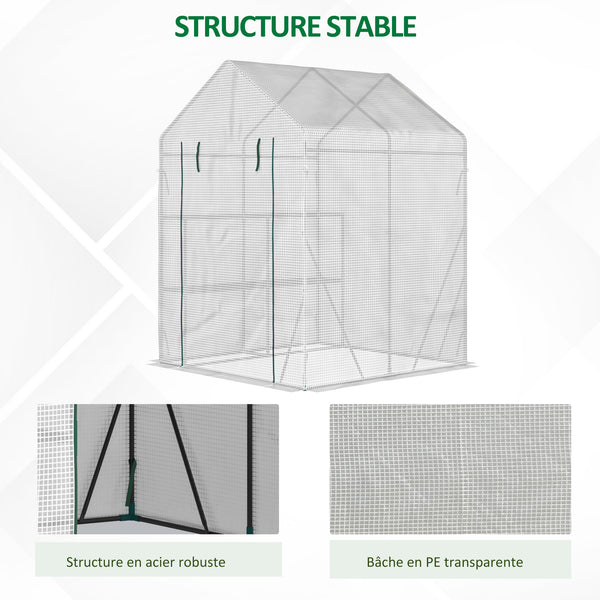 Serre de jardin PE avec étagères 2 niveaux, serre de balcon, bâche renforcée 140 g/m², châssis en acier, porte zippée enroulable, pour légumes plantes fleurs, 143x143x195cm, blanc