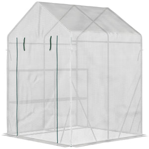 Serre de jardin PE avec étagères 2 niveaux, serre de balcon, bâche renforcée 140 g/m², châssis en acier, porte zippée enroulable, pour légumes plantes fleurs, 143x143x195cm, blanc